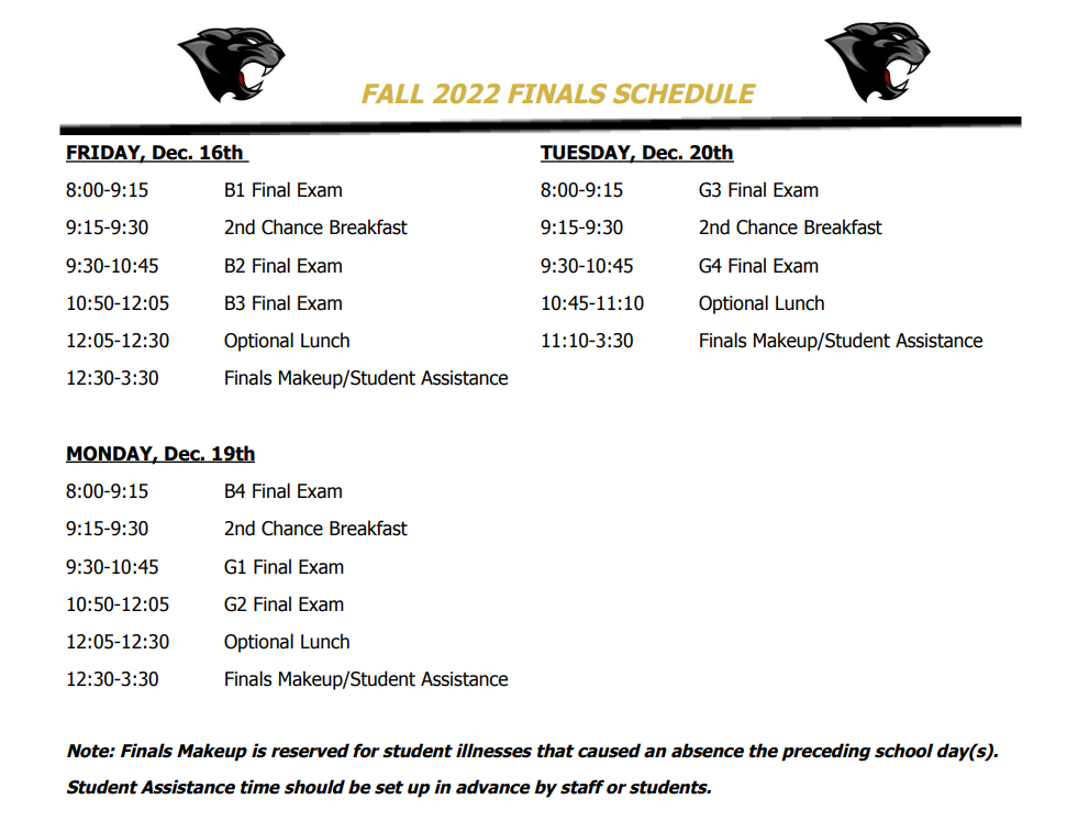 Paola USD 368 PHS Fall Finals Schedule